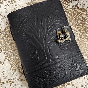 Leather Black Journal Notebook Tree Embossed Life of Tree Metal Clasp